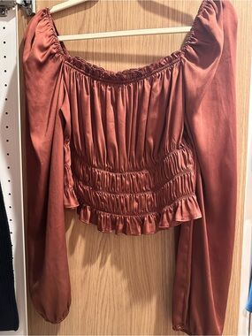Rust Satin Ruched Peasant Blouse